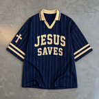 Jesus Saves – Navy Striped Soccer Jersey