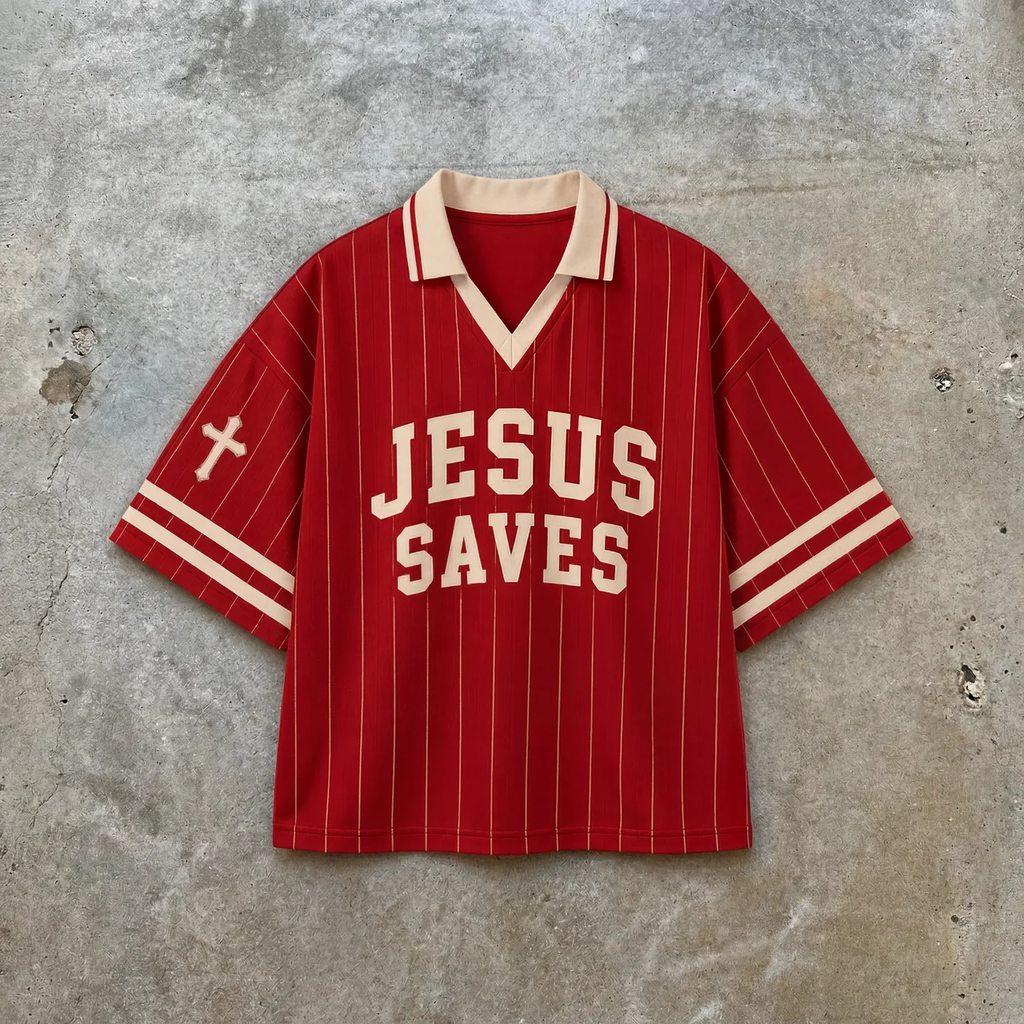 Jesus Saves – Red Striped Soccer Jersey