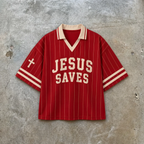 Jesus Saves – Red Striped Soccer Jersey